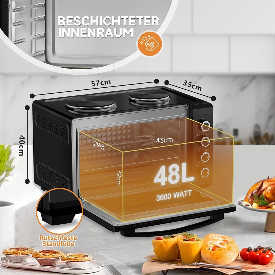 3600W Minibackofen mit Doppel Kochplatten Drehspieß 48L Mini Backofen Pizzaofen - Bild 3 von 4