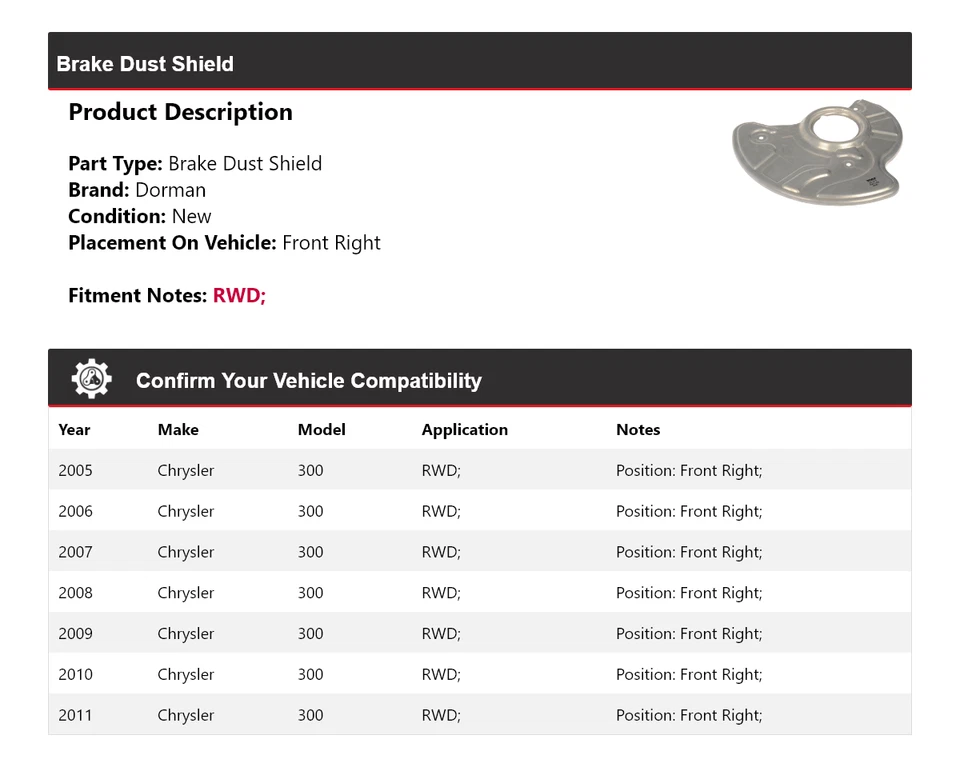 Пылезащитный экран передний правый для тормоза Chrysler 300 RWD Dorman 2005-2011 годов выпуска 2006 2007 годов выпуска - Изображение 2 из 4