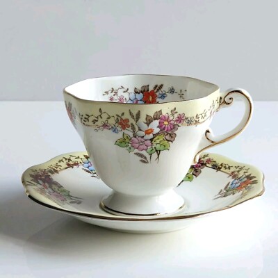 Foley Teacup Matching Saucer Yellow Band Wildflowers Gold Trim 1930s V2566