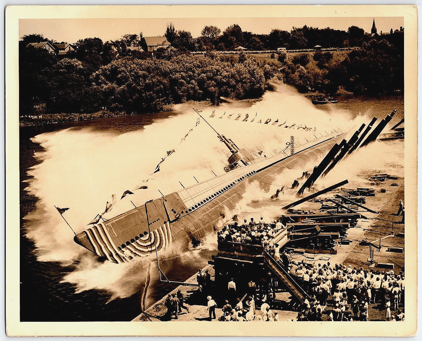 Vintage Antique Photo of US Navy Submarine Launch in Wisconsin River
