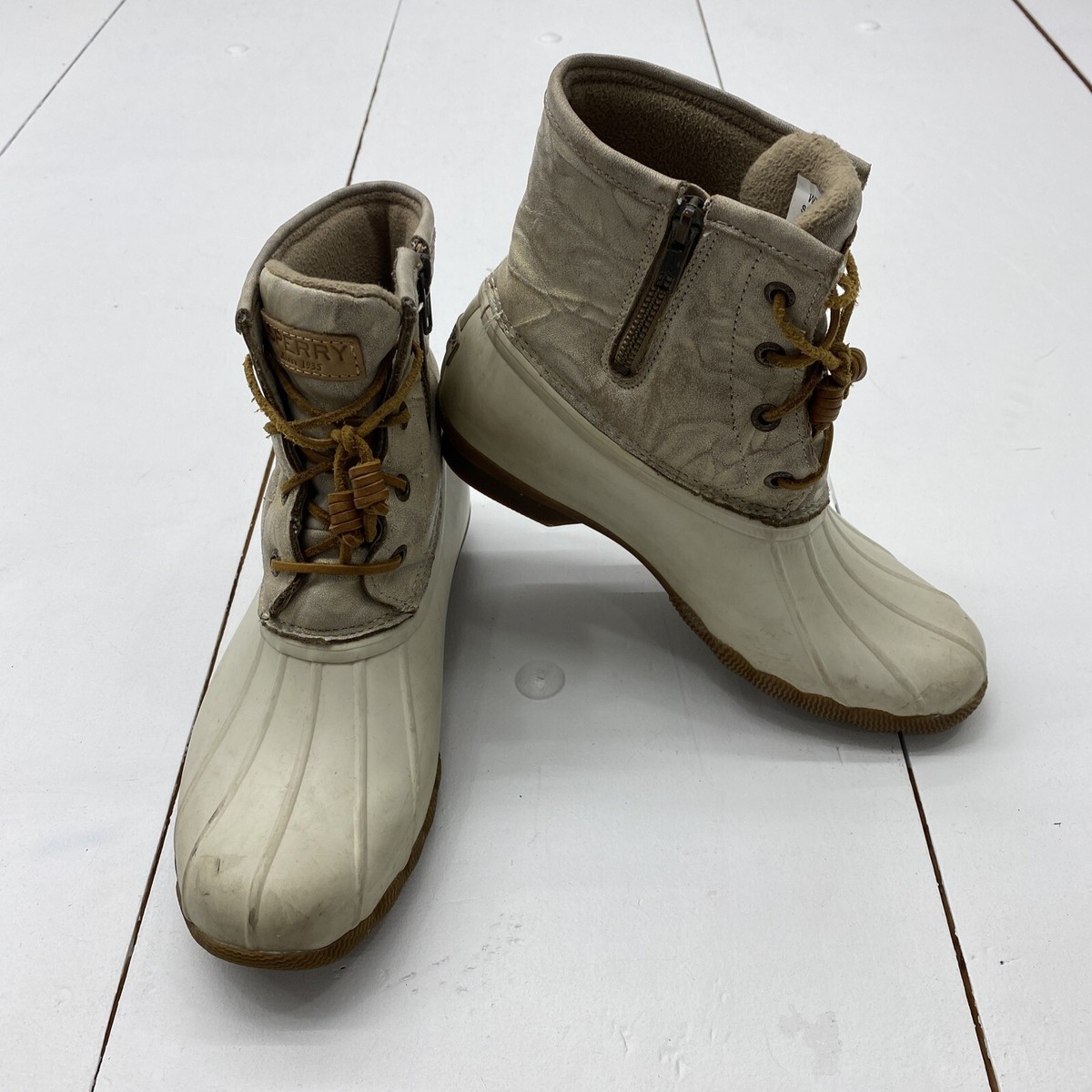 Sperry STS99726 Saltwater Crunch Duck Rain Boots Gold Ivory