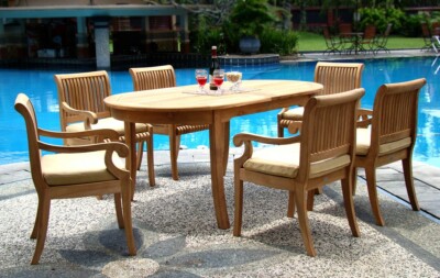 7-Piece Outdoor Teak Dining Set: 94'' Oval Extension Table, 6 Arm Chairs Giva