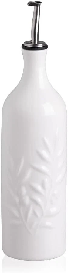Large Ceramic Olive Oil Dispenser Bottle, 24 Oz Relief Opaque Oil Cruet, White