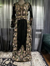 Vintage Palestinian Handmade Thobe Embroidered Dress With Belt Dark Green Velvet