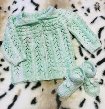 Baby Sweater Booties Set Handmade Unisex Knitted Soft Green 0-3M Reborn Doll NEW