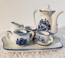 Vintage Miniature Blue And White Porcelain Large Tea Set hand painted 9 Piece