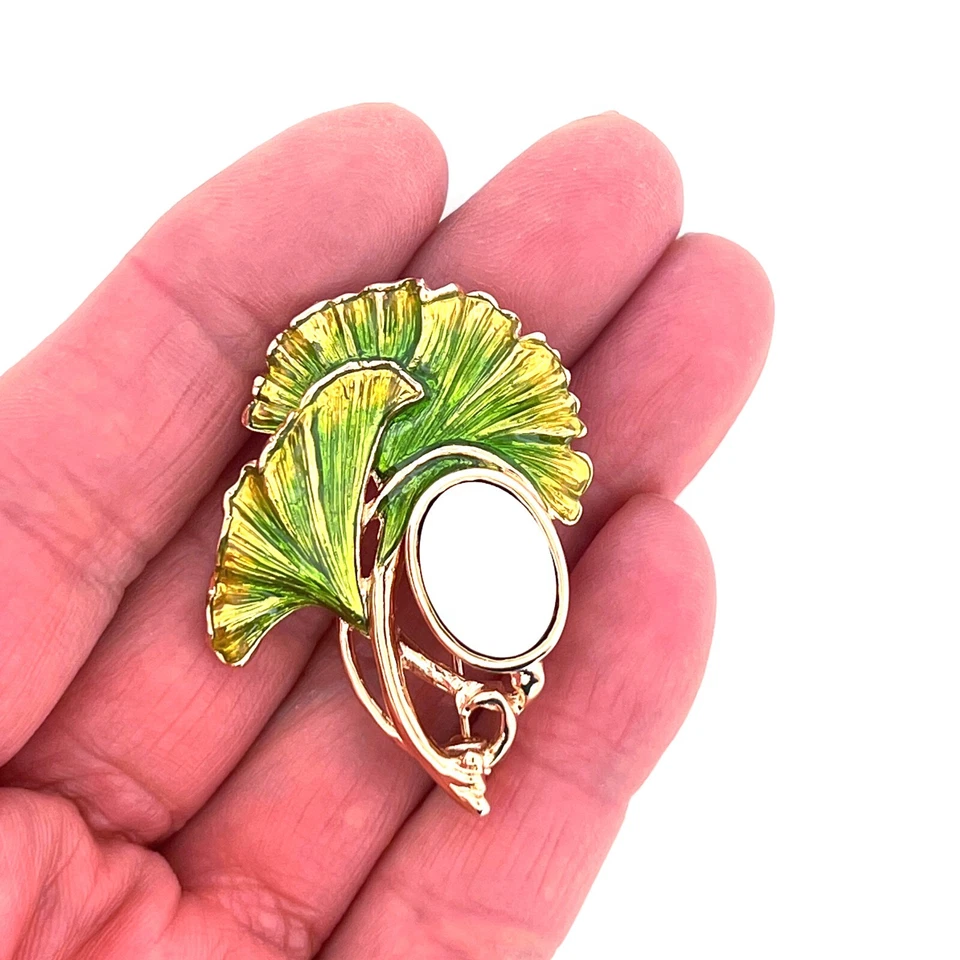 Juego de broche broche hoja Gingko chapada en oro aleación de metal con esmalte y ópalo checo Foto 4 de 4