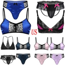 US Men's Sissy Lingerie Set Sheer Lace Bra with Panties Lovely Sissy Pajamas