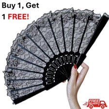 Lace Folding Fan Hand Held Black Dance Floral Pattern Party Accessory +1 FREE