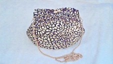 Gold Brush Paint Purse Black 10" x 7" Kiss Clasp 24" Drop Chain Lined In Black