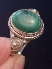 925 Sterling Silver Malachite Solitaire Ring Ornate Ring Shoulders sz S
