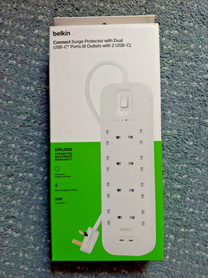 Belkin 8 Steckdosen Überspannungsschutz Steckdosenleiste mit 2 USB-C Ports - Brandneu