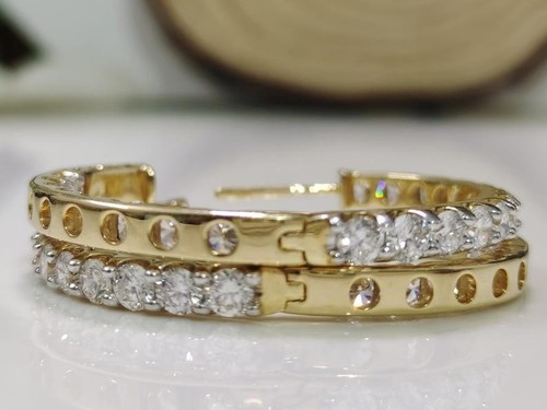 Moissanite Inside Outside Hoop Earrings 3 Carat Round Cut Solid 14K Yellow Gold - Picture 7 of 10