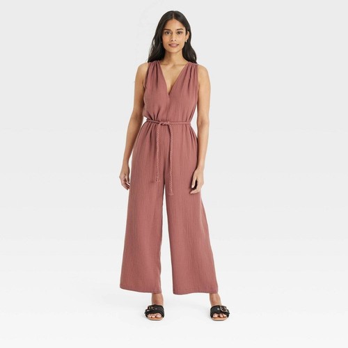 Women's Gauzy Tie-Waist Jumpsuit - Universal Thread Brown M