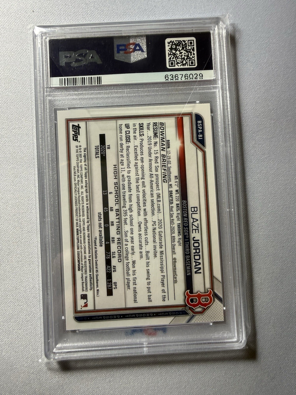 Blaze Jordan 2021 Bowman Chrome Sapphire Auto PSA 10 Bowman 1st view 2