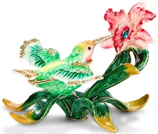 Green Hummingbird & Orchid Flower Trinket Box, jeweled, enameled, NIB Beautiful