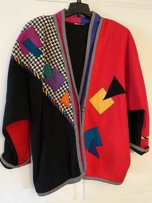Vintage Pop Art Style Lynn Murray XL Wool Coat Patch Work Geometric 80 s