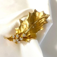 18K Yellow Gold YSL Brooch Leaf Stone Vintage Large