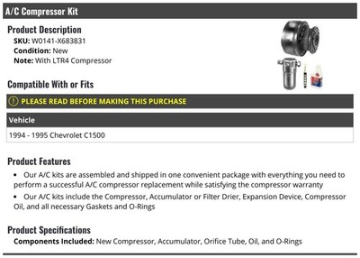 AC Compressor Kit Compatible with 1994-1995 Chevy C1500 1500 Pickup