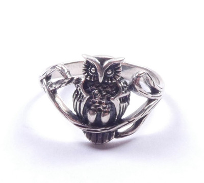 Eulenring sitzend auf Ast 925 Sterling Silber 2,2 g UK Größe K 1/2