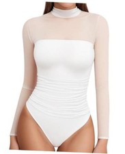 Women's Mock Turtle Neck Bodysuit Mesh Sheer Long Small 02-long Sleeve White