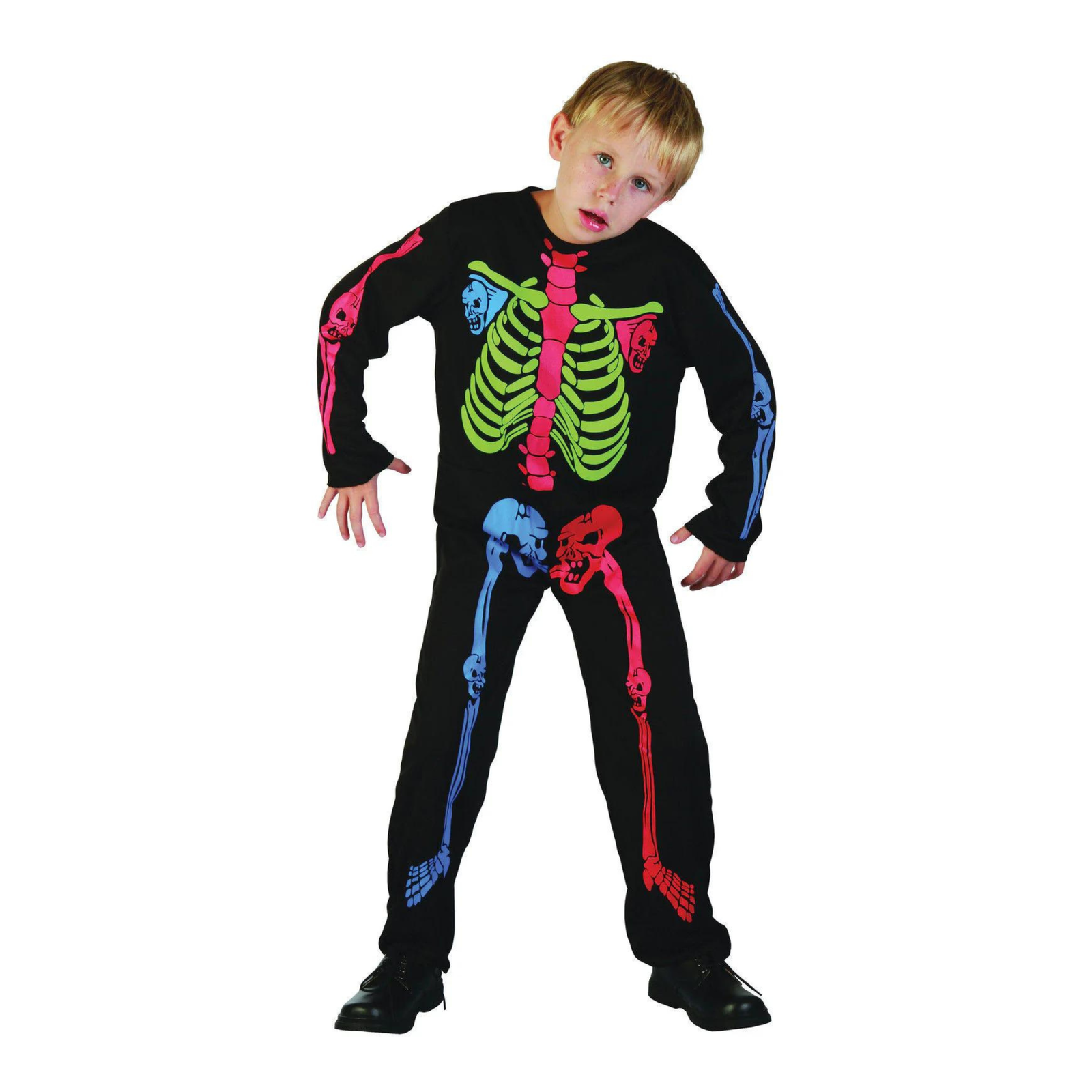 Childs Skeleton Boy Multi Colour Bones Halloween Fancy Dress Costume 9-11 Years