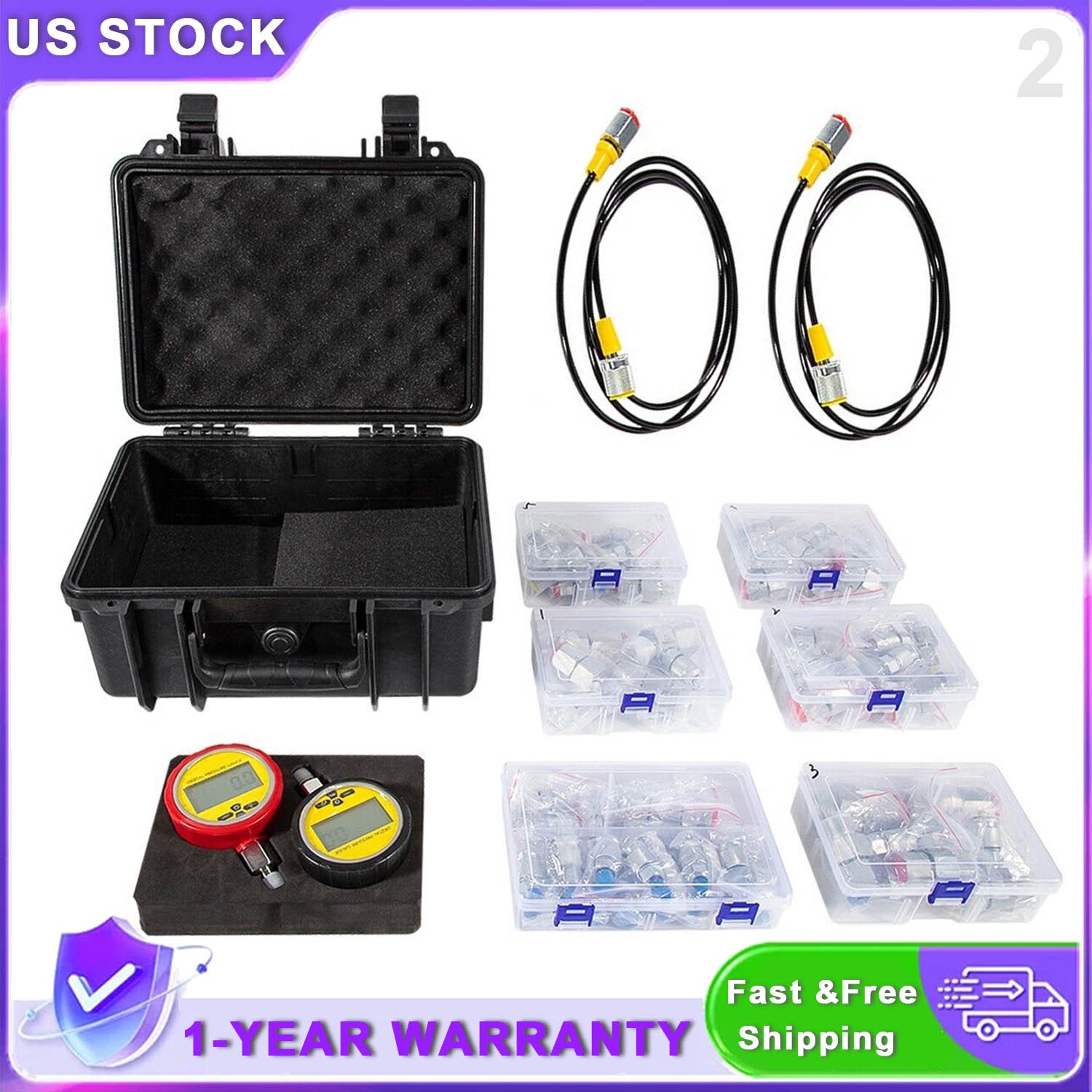 70DC Digital Hydraulic Pressure Test Kit 2 Gauge 47Coupling 2 Hose for Excavator