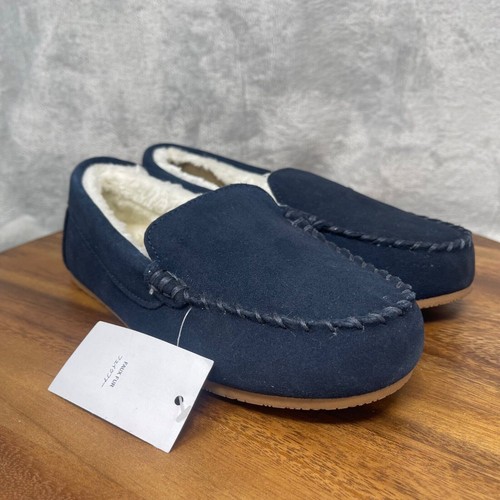Lands' End Slippers Boys 3 Navy Suede Leather Faux Fur Lined Moccasin Youth Kids - Picture 3 of 12