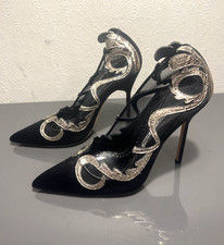 Manolo Blahnik Ladies 40 6 Heels Court Shoes Satin Evening Mesh Hand Made Gold