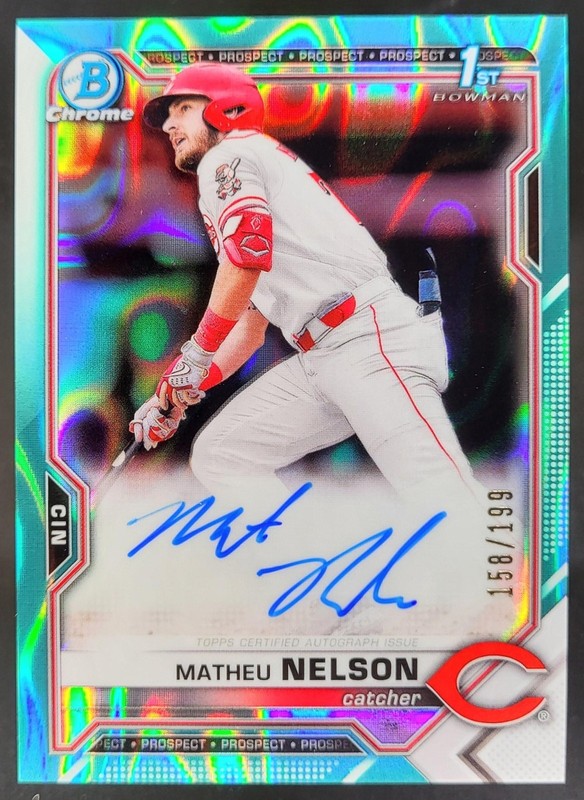 2021 Bowman Draft Matheu Nelson Chrome 1st Auto Aqua Lava Refractor /199 Reds BS