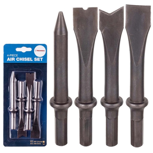 4-Tlg Druckluft MeißEl Set 125Mm Sechskantschaft 3 FlachmeißEl 1 Durchtreiber-image