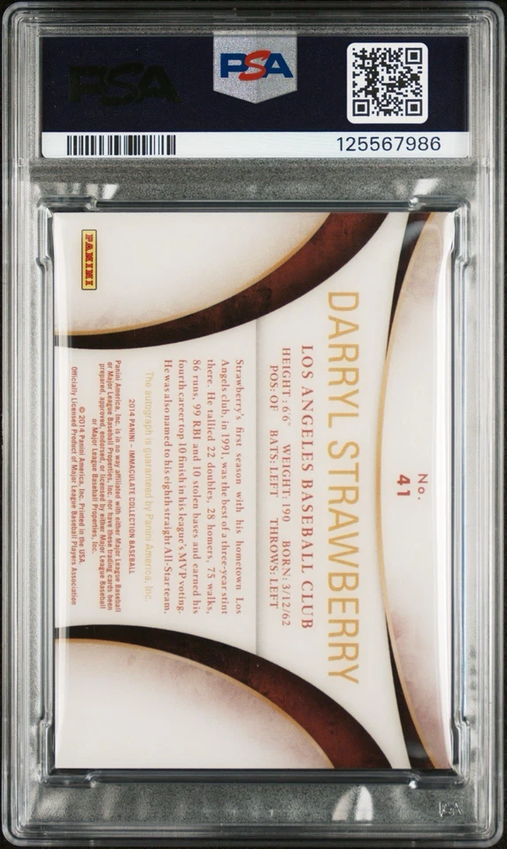 2014 Panini Immaculate Collection Darryl Strawberry Auto /10 LA Dodgers PSA 8 - Image 2 of 3