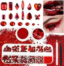 3 Boxes Red Nail Rhinestones with Fine Glitters Kit, 60Pcs Big Assorted Red red