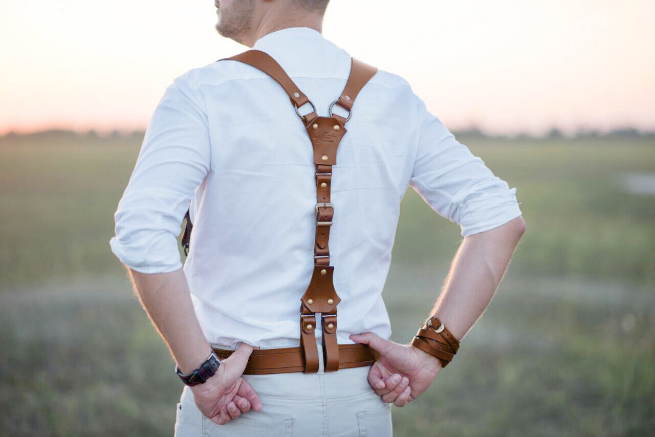 Сognac leather sword belt, Handmade leather Suspenders, leather  accessories, men