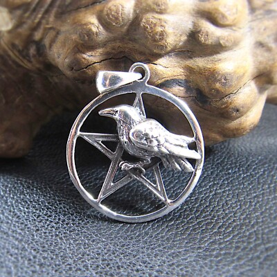 Massiver 925 Sterling Silber Rabe Pentakel Anhänger - Gothic Krähe Heidnisch Charm