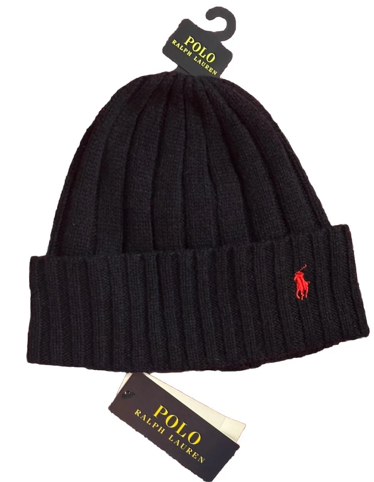 Ralph Lauren Para Hombres Polo Puño de Lana Gorro Tejido Sombrero Azul Marino Oscuro - Rojo Logo de Poni Foto 2 de 4