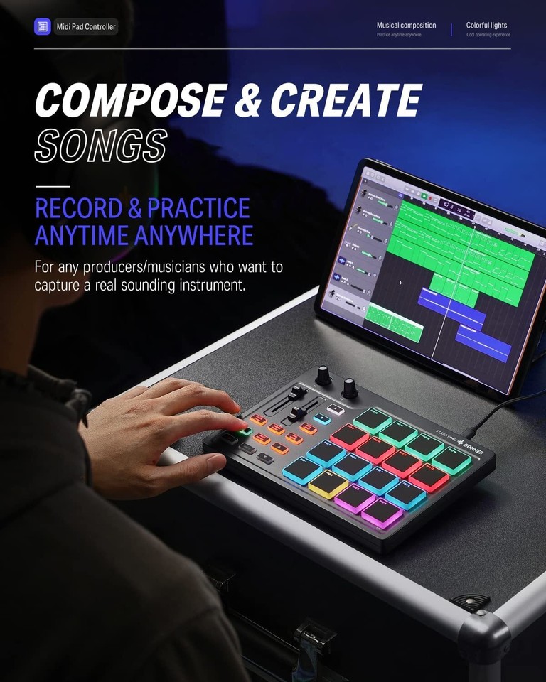 🎶 Donner USB MIDI Controller Beat Maker 16 Beat Pads 2 Fader Knobs Drum ...