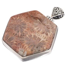 925 Sterling Silver Flower Pattern Genuine Fossil Coral Sterling Pendant, 2"