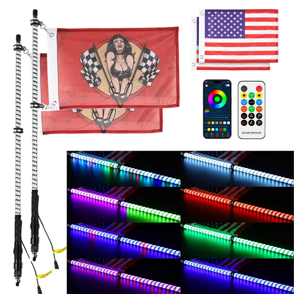 Antena remota de luz LED en espiral COB de 2 piezas de 3 pies con bandera para Kawasaki Teryx Mule Foto 2 de 4