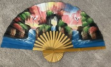 Hand Painted Asian Wall Art Decor Fan with Cranes  Waterfalls