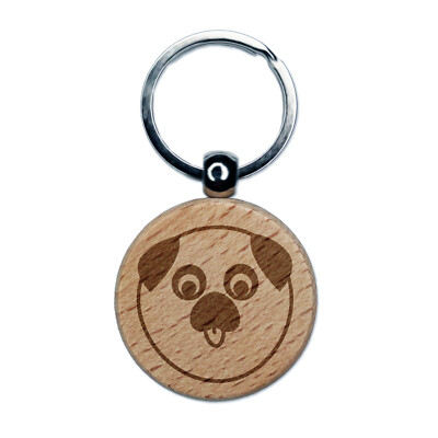 Playful Pug Face Engraved Wood Round Keychain Tag Charm