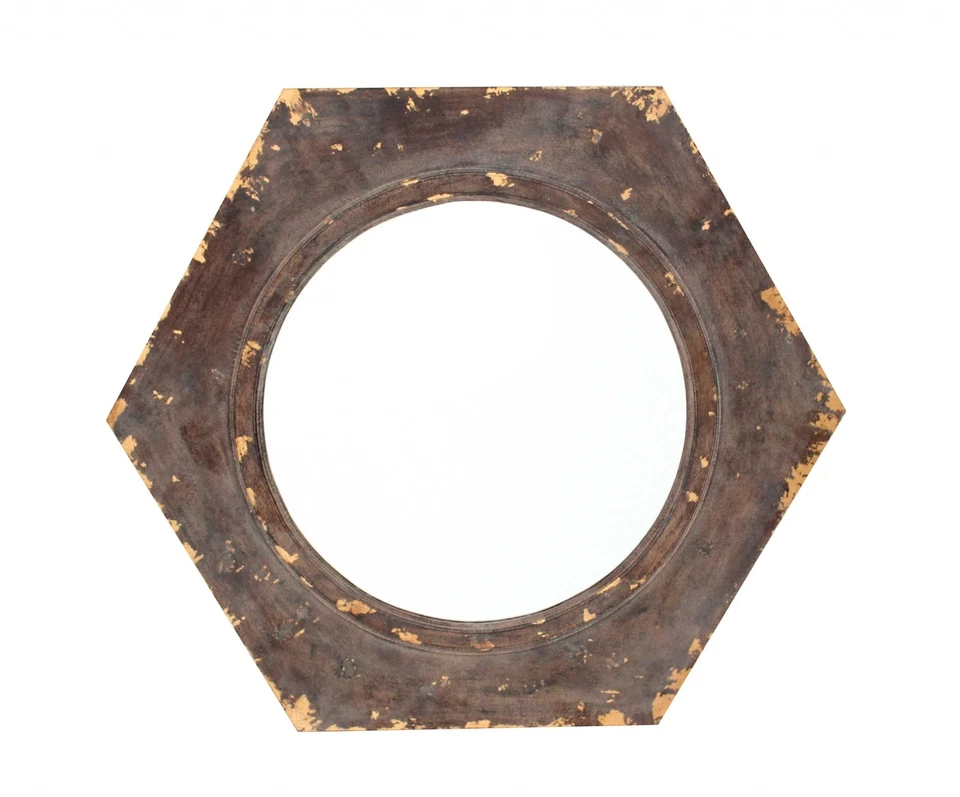 24" Bronze Hexagon Distressed Wood Framed Accent Mirror - Image 2 of 4