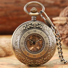 Vintage Engraved Roman Number Men's Automatic Mechanical Pocket Watch Chain