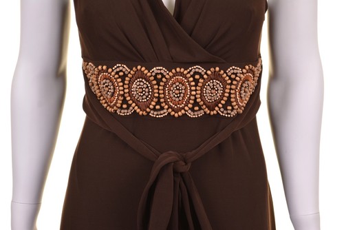 Adrianna Papell Brown Poly Stretch Beaded Front Sleeveless Long Dress w/ Tie 12 - Picture 4 of 7