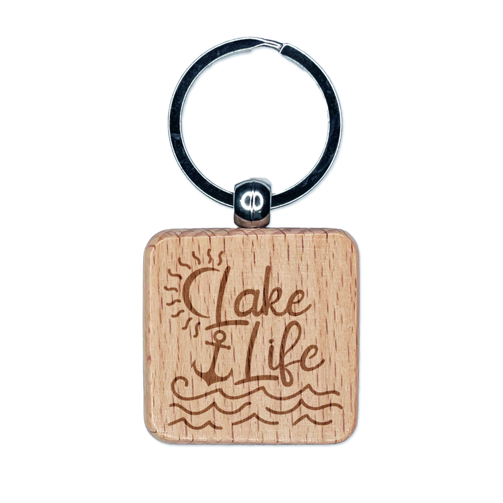Lake Life with Anchor Engraved Wood Square Keychain Tag Charm