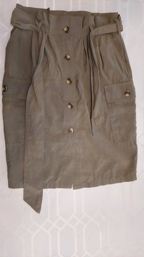 H&M Utility Skirt Green Midi Paper Bag Waist Belted Pockets Womens Sz 10