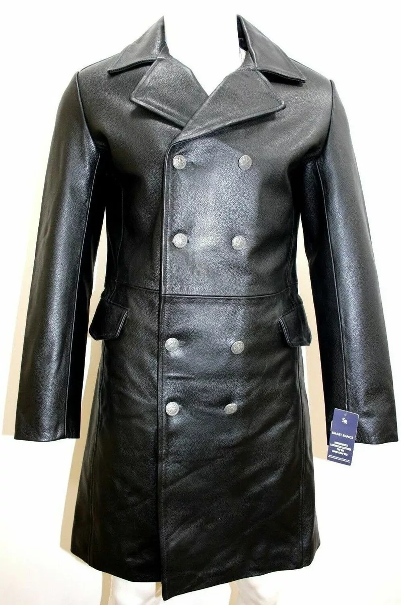 New Men's Genuine Lambskin Leather Double Breasted Trench Coat Black Long  Jacket