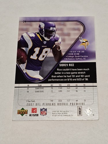 2007 Upper Deck Rookie Premiere Football Card #24 Sidney Rice - Picture 2 of 2