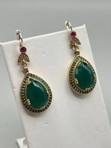 Gold Over Sterling Green Emerald Earrings Genuine Stone Pierced Long Drop Dangle - Picture 2 of 10
