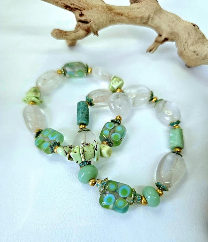 Teal Apatite 石英石灰灯手工波西米亚串珠弹力手链 | 独一无二 — 第 3/4 张图片